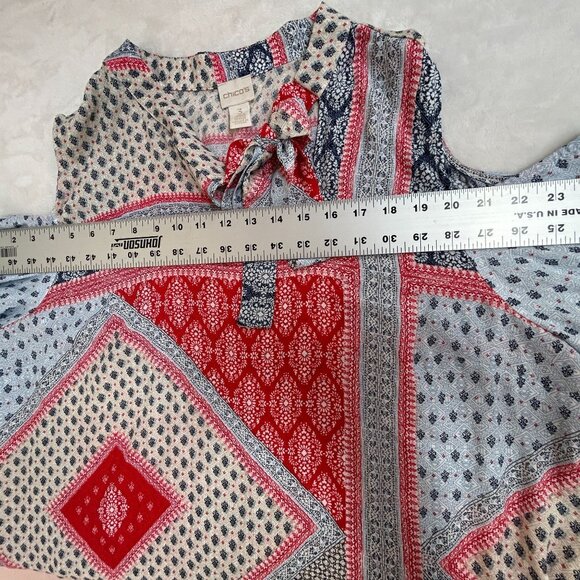 Chico's Women Mixed Print Cold Shoulder Tie-Neck Blouse Top Size 3 Red/Blue NWOT - Picture 7 of 9